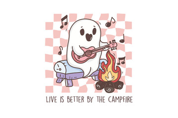 Cute cartoon ghost playing guitar by campfire with musical notes Sublimation Design