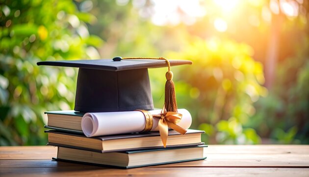 Calm graduation scene on campus bench with diploma and hat. Golden light and lens flare create inspirational outdoor mood.