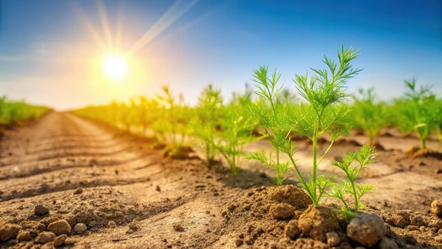 Row of unripe cumin plantlets in an Egyptian field with dry earth and scattered sand, sunlight filtering through the sky , egyptian field, arid environment