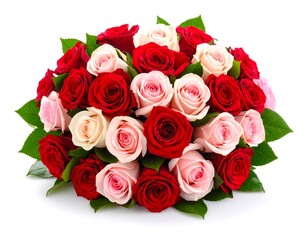 Lush bouquet of red and pink roses arranged in a circular shape, isolated on a white background