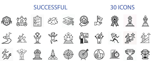 Thirty success icons set achievement goals progress strategy