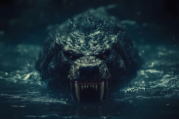 Abyssal cerberus emerging from black waters, deep sea horror version of mythical beast