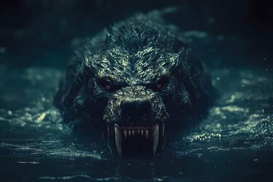 Abyssal cerberus emerging from black waters, deep sea horror version of mythical beast