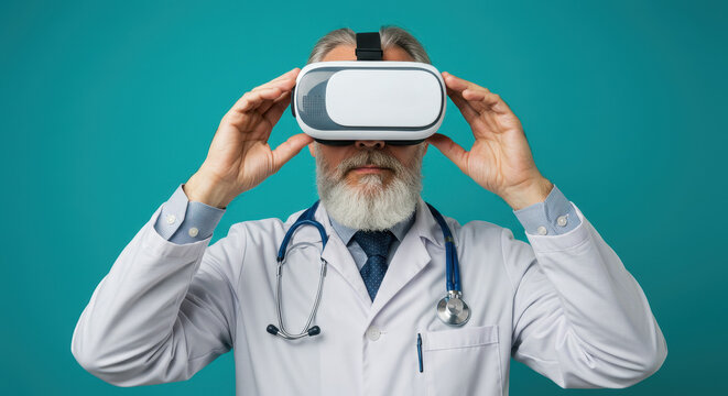 Senior doctor uses virtual reality headset to explore healthcare advancements with augmented simulation, envisioning medical innovation.