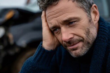 Fototapeta premium Desperate driver holding head after car crash traffic accident