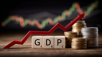 GDP Growth and Currency: A red arrow points upward over the letters GDP, symbolizing economic growth, while stacks of coins suggest increasing wealth.