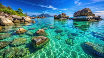 Fototapeta premium Granite boulders submerged in turquoise sea water