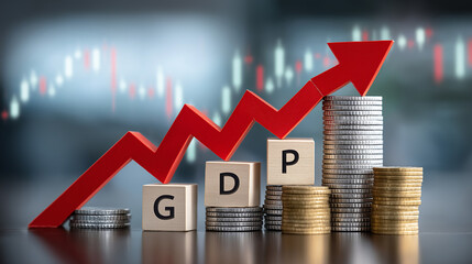 Economic Growth: A dynamic representation of economic growth, with stacks of coins and the letters 'GDP' being emphasized by an upward trending red arrow. The backdrop suggests a financial market.