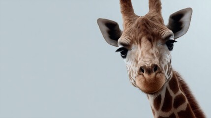 Obraz premium Curious giraffe peeking into frame against soft blue background