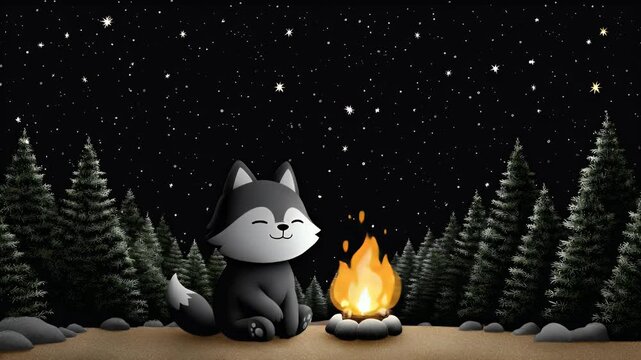Cute wolf by campfire at night