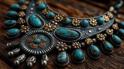 Obraz premium Unique artisan necklace featuring turquoise stones and intricate metalwork displayed on rustic wooden surface