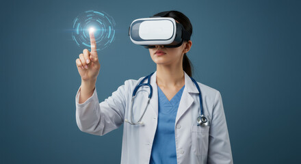 Female doctor in her 30s uses virtual reality headset to interact with advanced medical technology in modern healthcare setting.