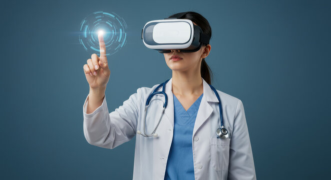 Female doctor in her 30s uses virtual reality headset to interact with advanced medical technology in modern healthcare setting. - Powered by Adobe
