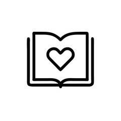 Open book with heart symbol in minimalistic black and white design  