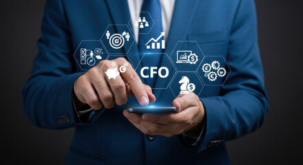 CFO: A Business Professional Man in a Suit Uses a Smartphone to Manage Financial Growth, Investment Strategy, and Corporate Governance.