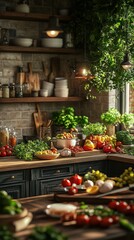 Vibrant kitchen filled with fresh vegetables and herbs during daylight hours