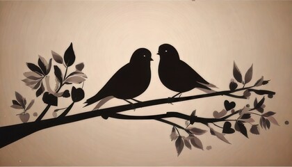 Two birds sit closely together on a branch, surrounded by stylized leaves and a soft, warm background.