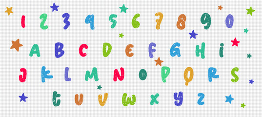 Alphabet and Number Crayon Set - vibrant, hand-drawn letters and digits with stars, perfect for kids' educational materials, nursery decor, or playful designs