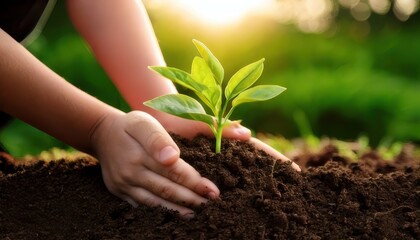 A young person"s hands gently planting a green seedling in rich soil, with sunlight shining in the background.