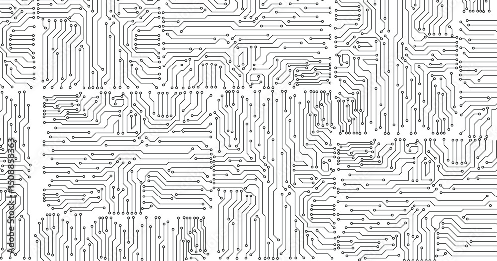 Poster circuit board pattern dots and lines for technology background. black dots and lines isolated on whi