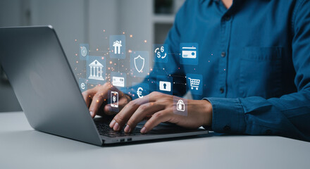 Online Banking: A man in his 30s conducts secure digital transactions, managing finance and shopping using e-commerce on his laptop, ensuring secure payment and online safety.