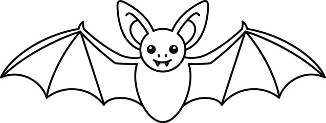 Cute Flying Bat Line Art Vector – Smiling Vampire Bat Outline for Halloween and Kids