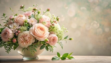 Obraz premium Soft pastel pink floral arrangement with delicate flowers and greenery on a calm background, foliage