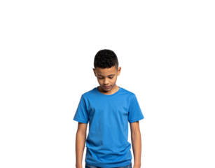 Pensive Young Boy in Blue TShirt Looking Downward with Serious Expression