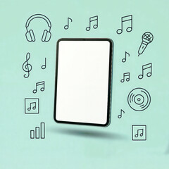 Tableta flotante con pantalla en blanco y elementos gráficos de iconos de música. Ideal para tecnología de audio, innovación digital y diseño UI/UX. Mockup limpio para mostrar contenido.