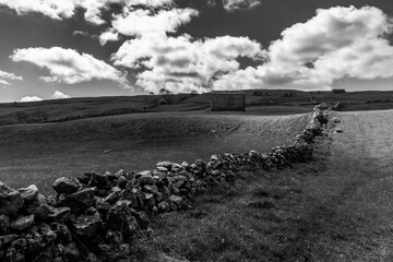 Meaedow and dry stone wall in countryside in black and white