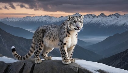 Snow Leopard in Majestic Mountain Landscape During Sunset