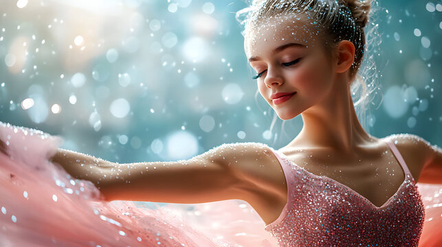 A cheerful young ballerina in a sparkling pink tutu, posing gracefully in ballet class
