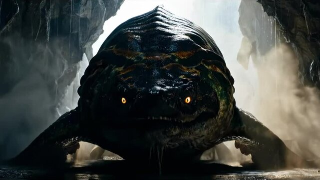 A colossal creature emerges from a cave, showcasing its vibrant colors and intense gaze, with mist swirling around in a dramatic setting - sea monster