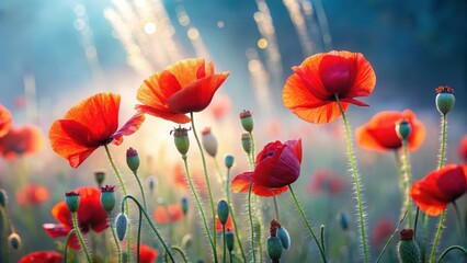 Fototapeta premium Softly glowing red poppy flowers sway gently in the morning mist, their delicate petals dancing in the dewy air, morning