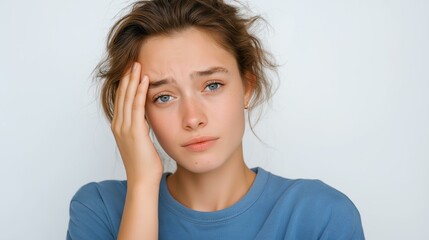 Fototapeta premium A young woman expresses feelings of stress and worry with her hand on her forehead.