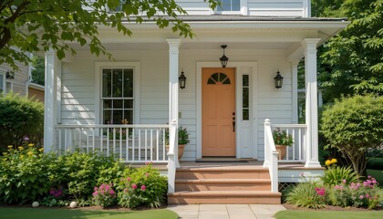 Fototapeta premium Lovely white home with flower beds, a porch, peach doors, and lots of greenery
