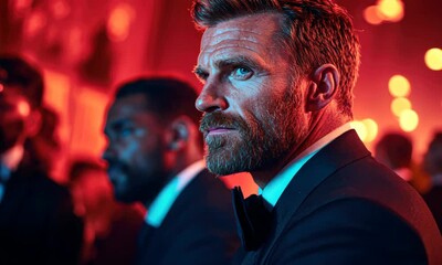 Stylish event with captivating conversations and dramatic lighting in a lavish setting - Powered by Adobe