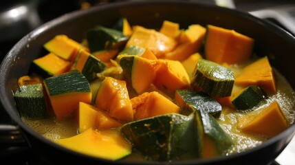 Vibrant Kabocha Squash Chunks Simmering in a Pan