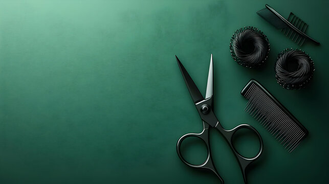 Black Hairdressing Tools On Dark Green Background
