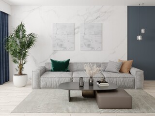 Mock up of a modern living room with a large comfortable sofa and a trendy background, 3D rendering.