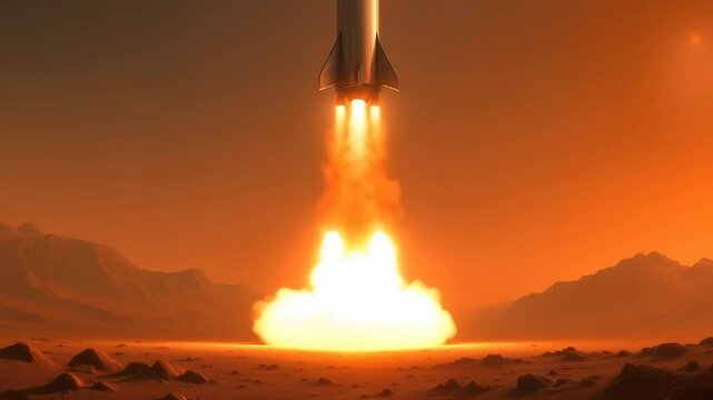 Spacecraft lifting off from rocky Martian landscape, intense rocket flames illuminating orange terrain with mountainous background during interplanetary expedition