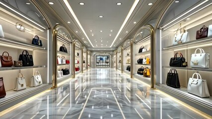 Upscale handbag boutique, luxury interior with designer bags and stylish marble floor. Fashion, retail, shopping, luxury, designer, bags, store. - Powered by Adobe