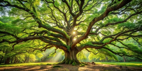 Fototapeta premium Close-up of a majestic oak tree in a lush green forest with gnarled branches and leaves, set against a soft, dappled light filtering through the canopy above , trees, nature