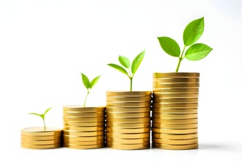 Money growth idea with stacked coins and small plants growing upward high resolution images