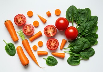 Arrangement of fresh carrots, tomatoes, and spinach