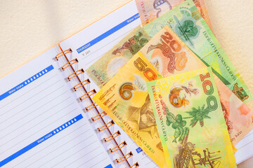 Various denominations Papua New Guinea banknotes lay atop an open planner with date noted for scheduling purposes.