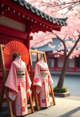 Fototapeta premium Traditional japanese kimonos displayed with parasol beside cherry blossom tree in spring high resolution pictures
