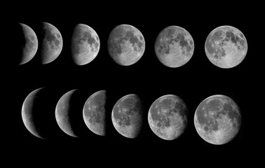 Lunar Phases Sequence A Comprehensive View of the Moon's Cycle from New Moon to Full Moon Captured in High Detail Against a Stark Black Background © Pure Pixels (PNG)