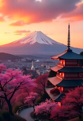 Traditional pagoda framed by cherry blossom trees with mountain backdrop in japan high resolution photo