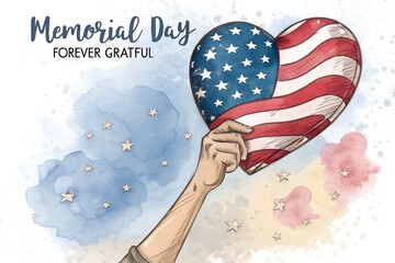 Memorial day patriotic heart american flag watercolor illustration